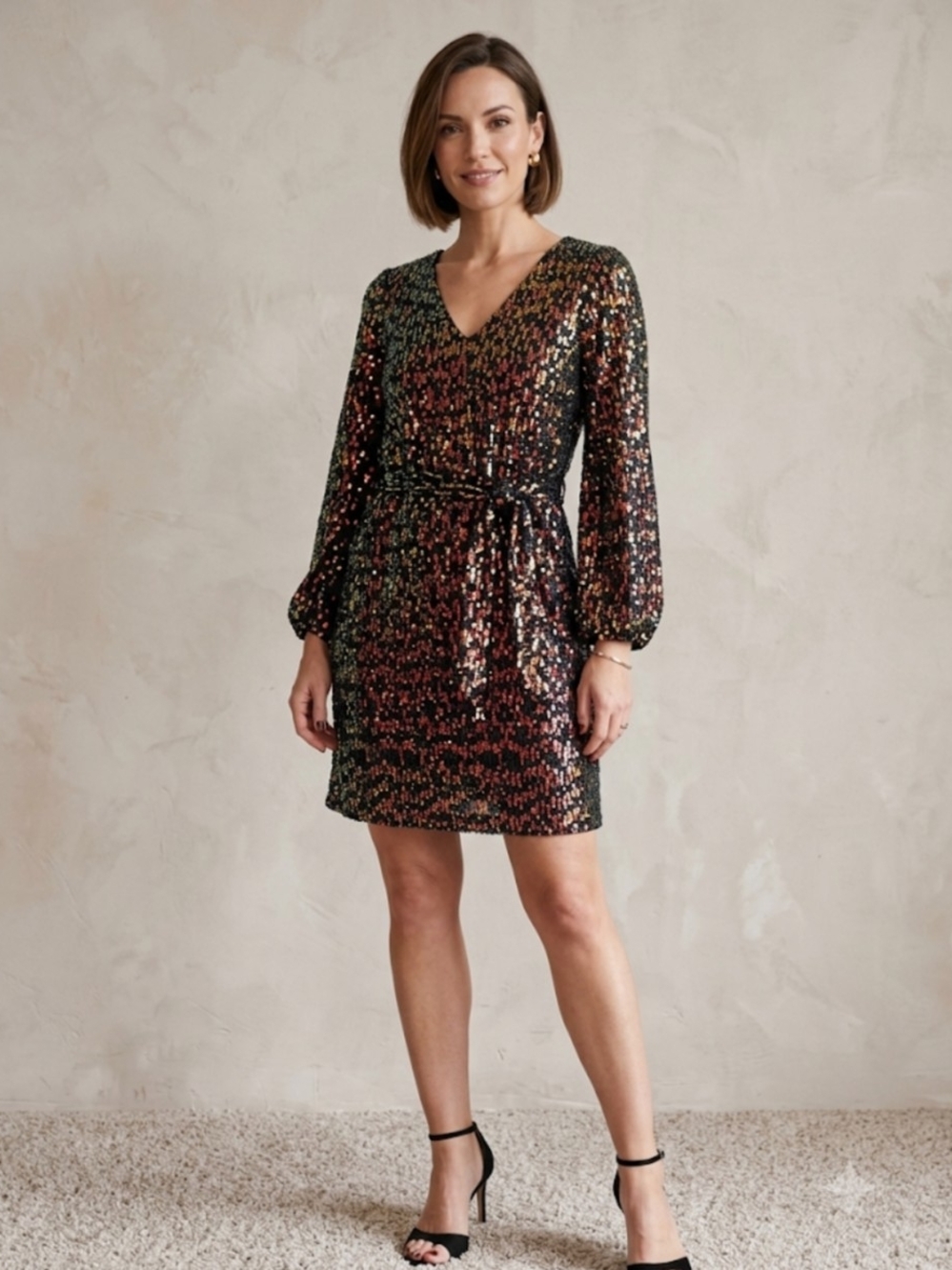 LOFT Black Multicolor Sequin V-Neck Mini Dress